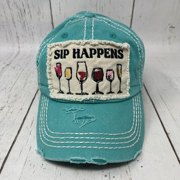 SIP HAPPENS Distressed Baseball Cap Hat Adult Green Embroidered Adjustable - Picture 3 of 9